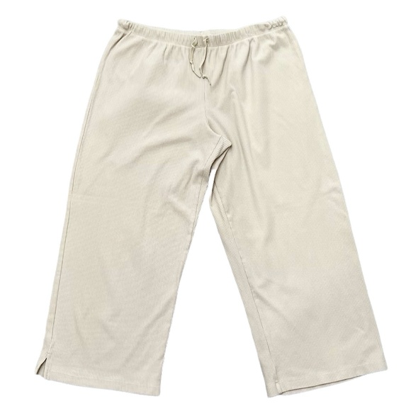 HEAD BEIGE RIBBED DRAWSTRING WIDE LEG CROPPED CAPRI PANTS - Picture 1 of 10